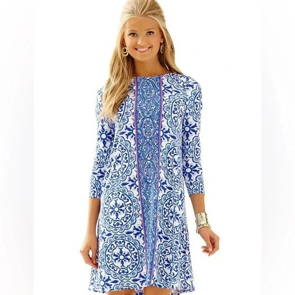 Lilly Pulitzer Ophelia Swing 3/4 Sleeve Dress Pooling Around Blue Tile Mosaic XS - Picture 1 of 4